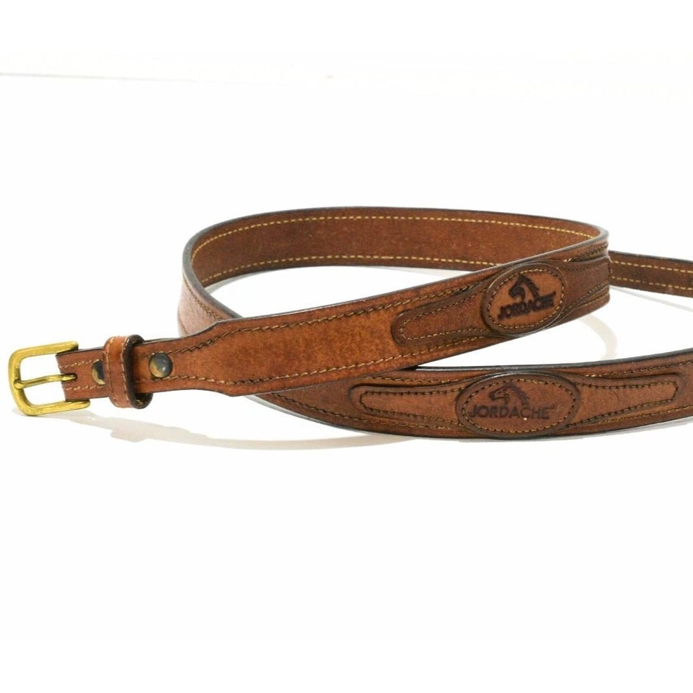 70s Vintage Jordache Western Belt 34 Tan Stamped Leather Patches Brass Buckle